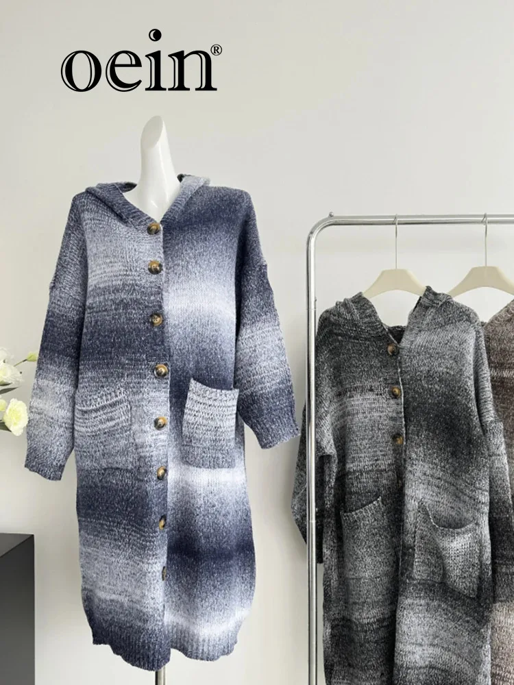 

[oein]2024 Autumn Winter New Loose Lazy Hooded Korean Version Mid To Long Cardigan Over Knee Knitted Sweater Jacket Women's Coat