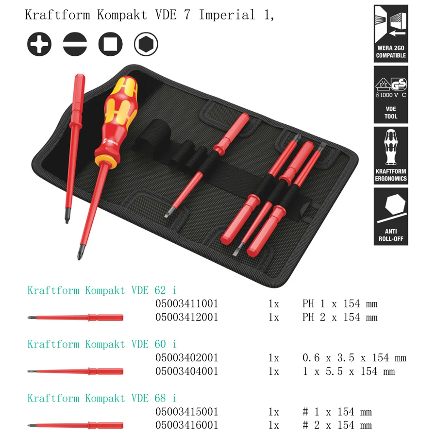 WERA Kraftform Kompakt VDE 7 Insulated Screwdriver Set 7PCS (Imperial) 05003473001