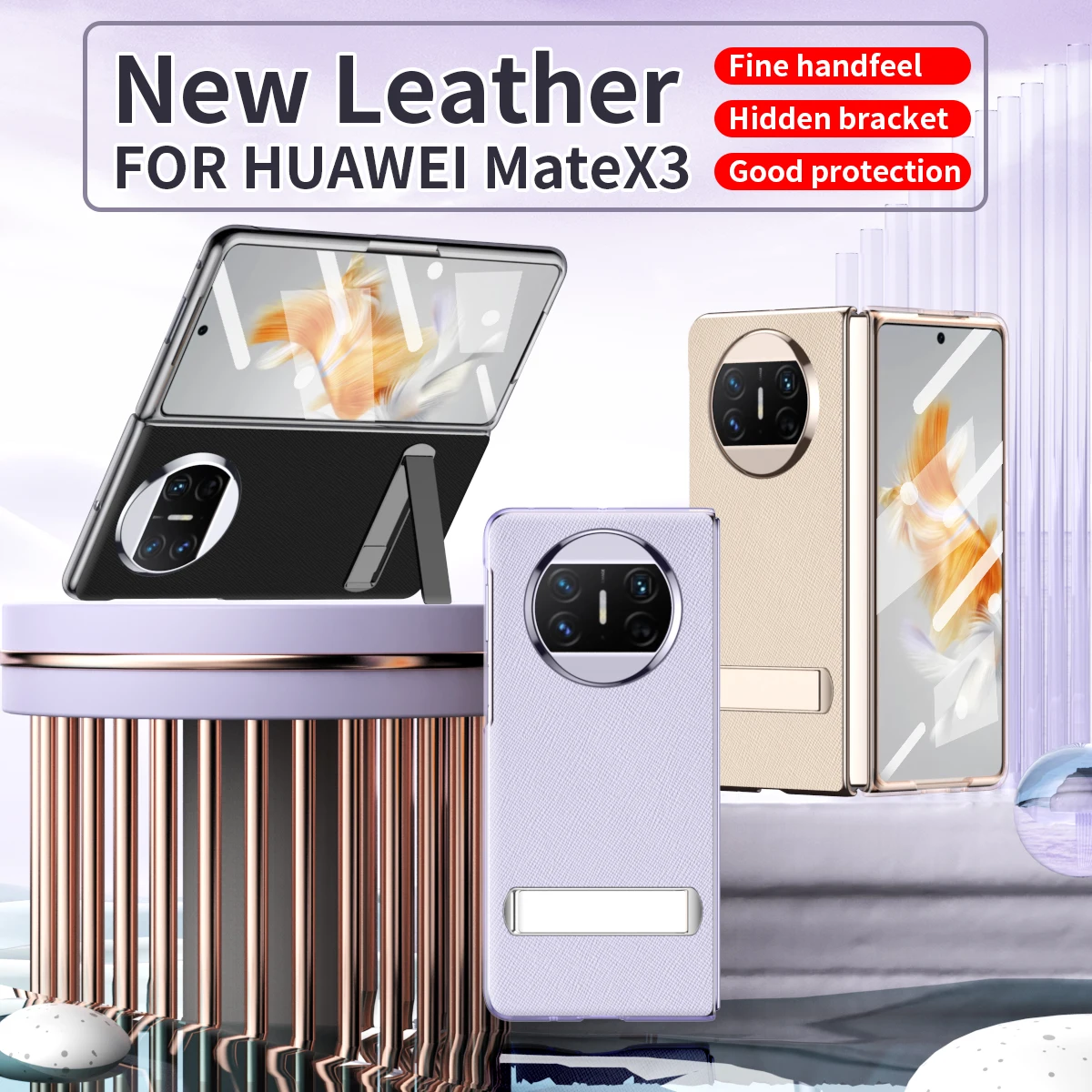 Luxury Cross-grain Leather For Huawei Mate X3 Lightweight All-inclusive Protective Case Transparent Bezel With Folding Bracket