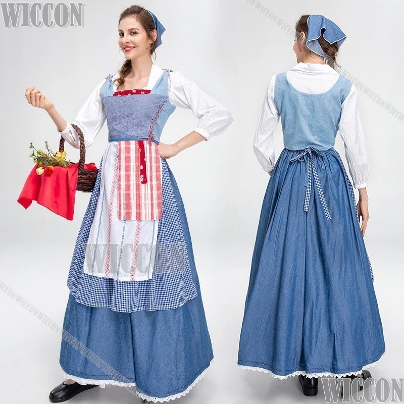 

Halloween German Munich Oktoberfest Farm Manor Maid Dress Vintage Denim Skirt Medieval Cosplay Women Adult Kids Comic Con Cos