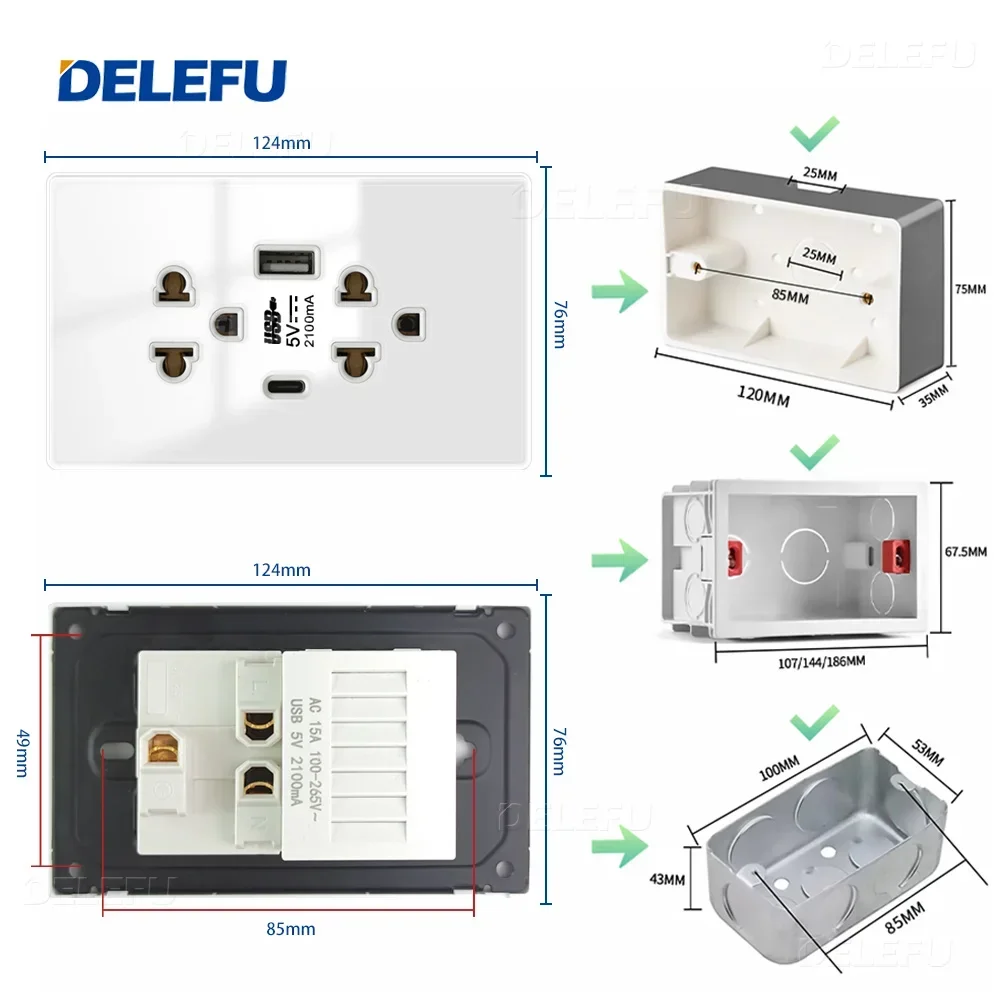 DELEFU Tempered Glass Panel Mexican Standard Type C Fast Charging American Socket 124*76mm Wall Socket Switch White