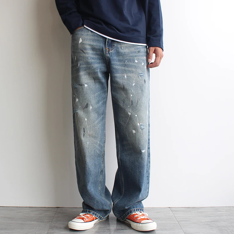 

American Retro Men's Splatter Paint Distressed Denim Jeans - Washed Ripped Loose Straight Fit Casual Trousers Autumn/Winter