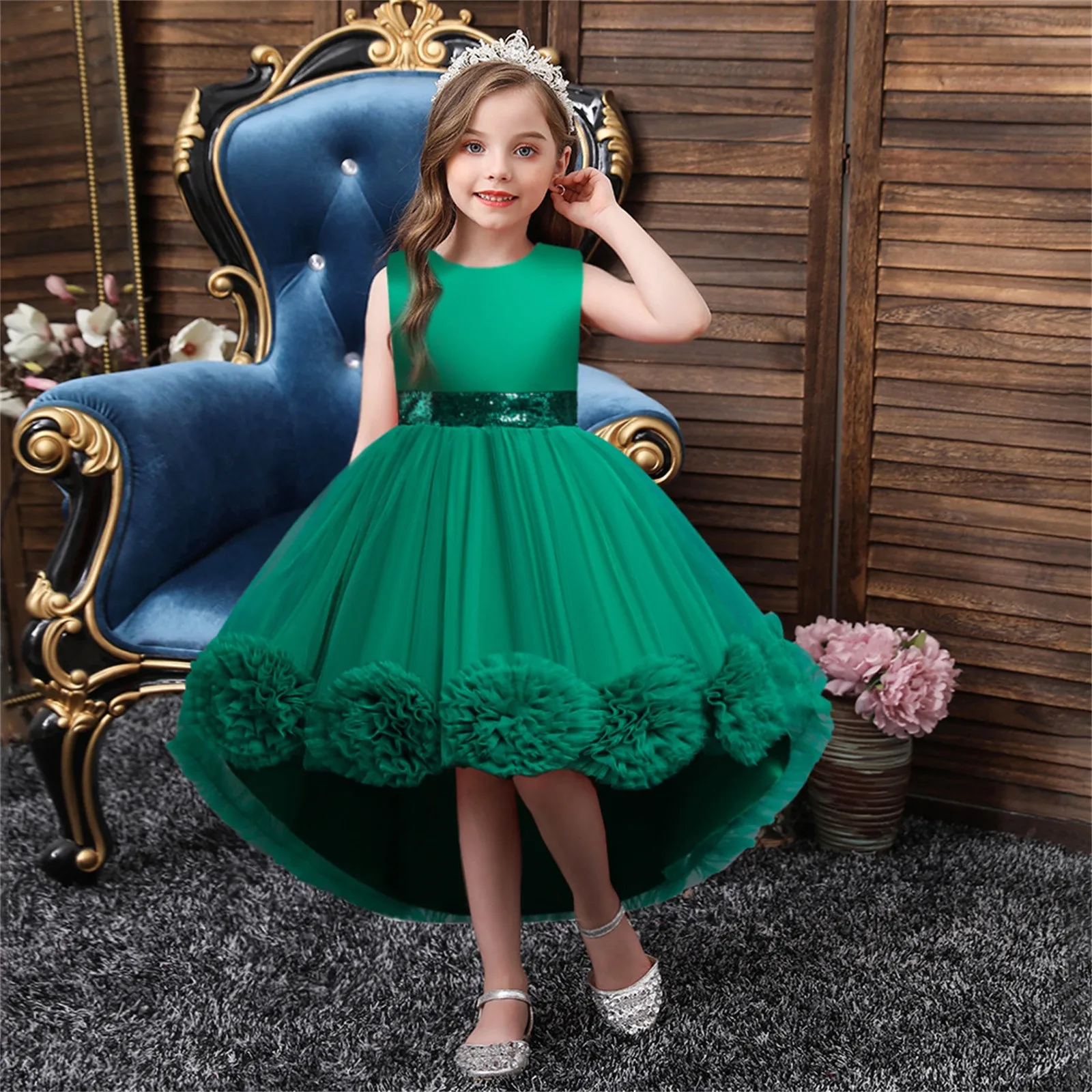 3-13Y Lace Flower Girl Princess Dresses Piano Performance Puffy Dress Elegant Kids Party Gowns Costume Pageant Dress with Tail