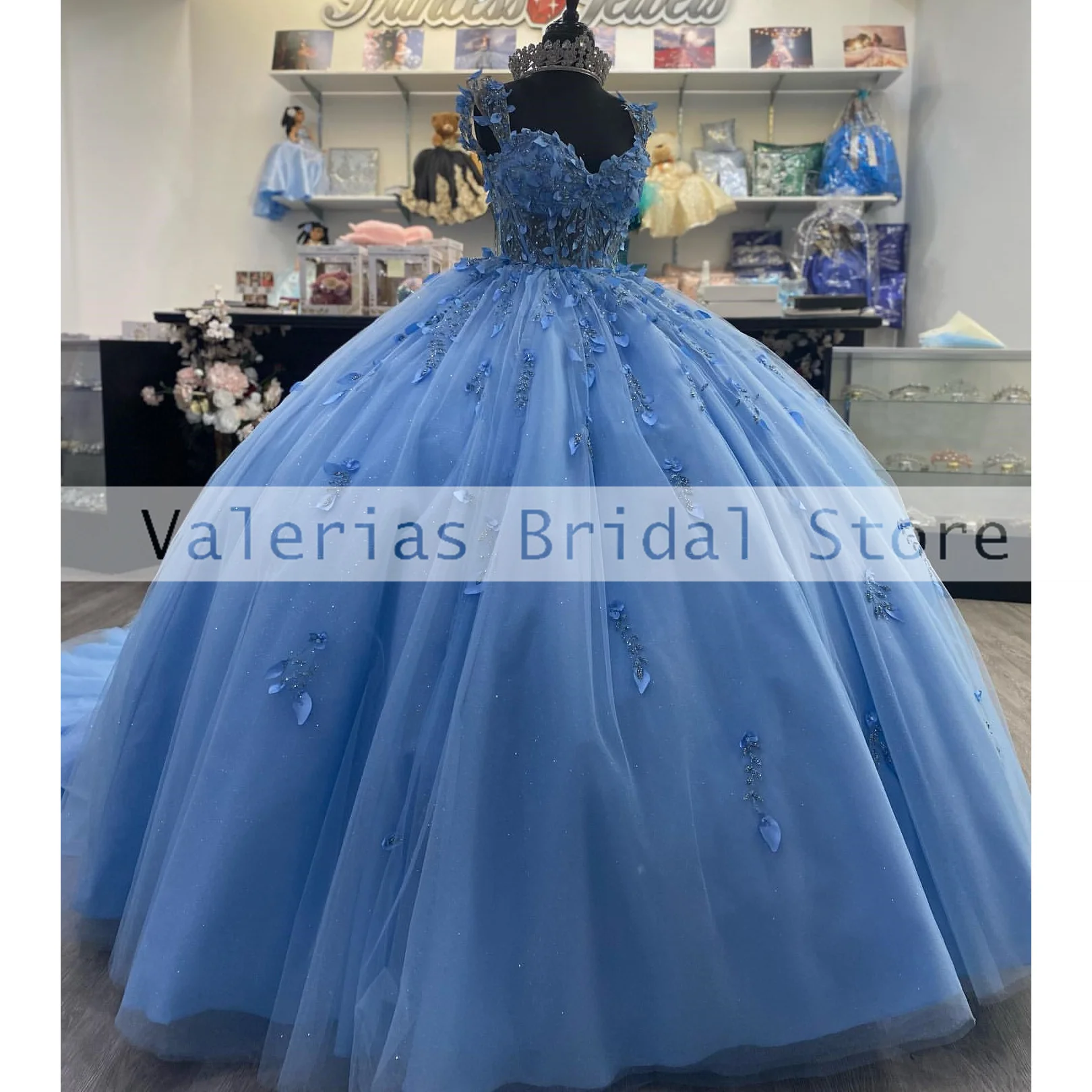 Gaun Sky Blue Quinceanera gaun pesta renda applique gaun pesta Formal Vestido De 15 quincealeras disesuaikan