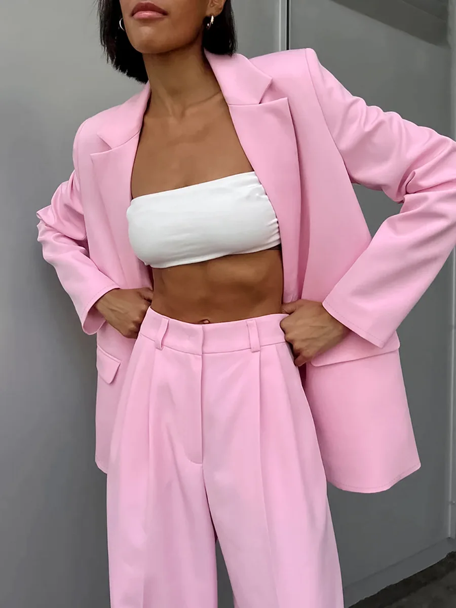 Tesco Pink Casual Suit For Women Sets 2 Piece Loose One Button Blazer Fashion Straight High Waist Wide Leg Long Pants For Party