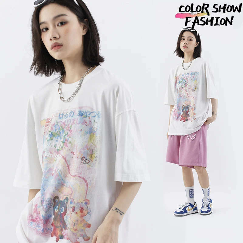 2023 Summer New Cartoon Printed T-shirt Oversized Casual Loose Cute Women\'s Cotton Short-Sleeved T-shirt