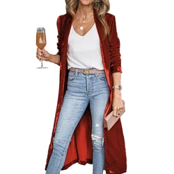 Womens Casual Business Long Jackets  Wine red  Orange  Dark green  Black  Velvet Long Sleeve Blazer Cardigan Outerwear