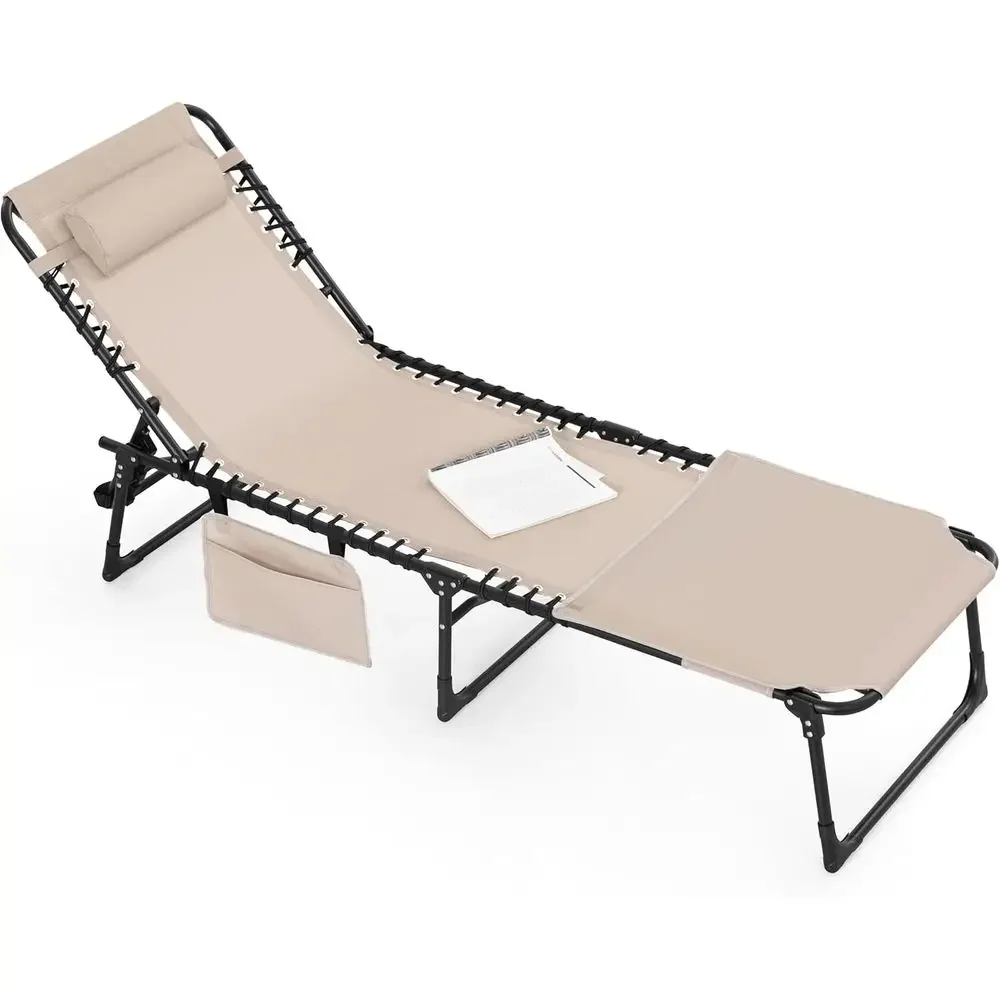 Adjustable Outdoor Chaise Lounge with Sunbathing Hole and Pillow, 5-Position Reclining Fabric Chair - Ideal for Beach, Pool, Pat