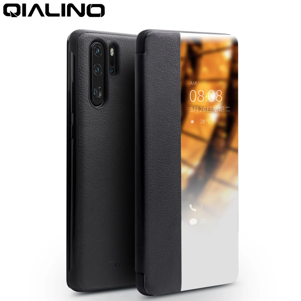 QIALINO Luxury Genuine Leather Phone Cover for Huawei P30 Pro with Smart View Flip Ultra Slim Case for Huawei P40 Pro+Plus