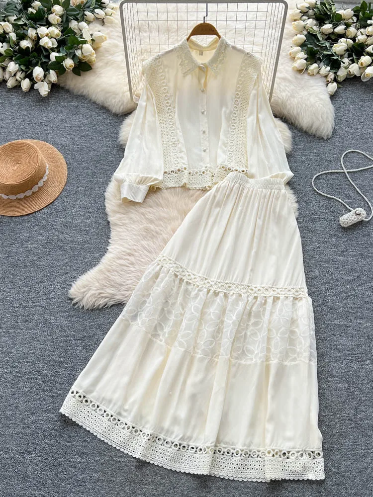 

Retro Lantern Sve irt And Long f Skirt with Hollow out Hook Flower Design Women's Summer Faion Set Long Sve ...
