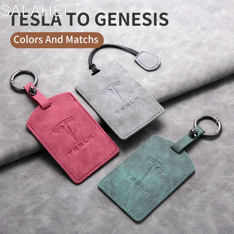 Sheepskin Leather Car Key Case Cover Fob Protector for Tesla Model Y Model 3 Car Applicable Startup Card Cover Starter Card