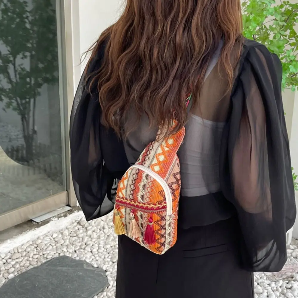 Tassel Bohemian Shoulder Bag Embroidery Colorful Ethnic Style Crossbody Bag Korean Style Woven Bag All-match Fringe Chest Bag