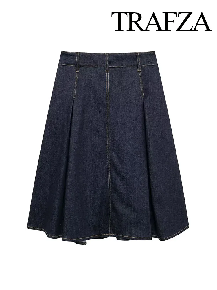 TRAFZA Summer Women Skirt Fashion Pocket Zipper Elastic Waist Loose Long Skirts Women's Vintage Wild Female Denim Midi Skirt