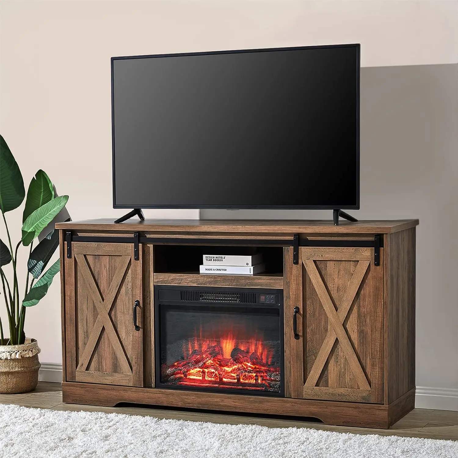 

Fireplace TV Stand with Sliding Barn Door, Farmhouse Fireplace Entertainment Center with Storage Cabinets/Adjustable Shelves