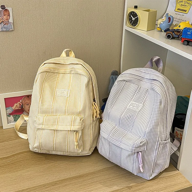 Lightweight Large Capacity Plaid Backpack for Girls Students Simple Fashion Double Shoulder Bag Nylon Material Summer New Arr...
