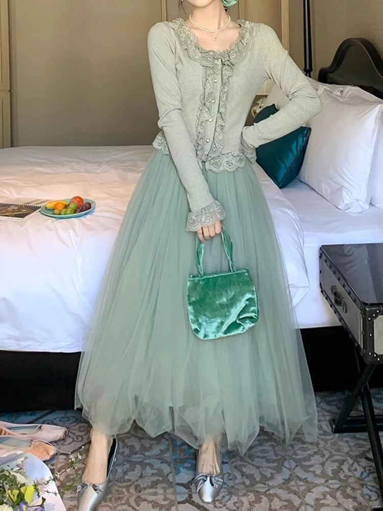 Primavera 2025 renda guarnição fino ajuste superior e me saia conjunto de duas peças vento suave nova chegada longo sve fibra poliéster faion conjunto