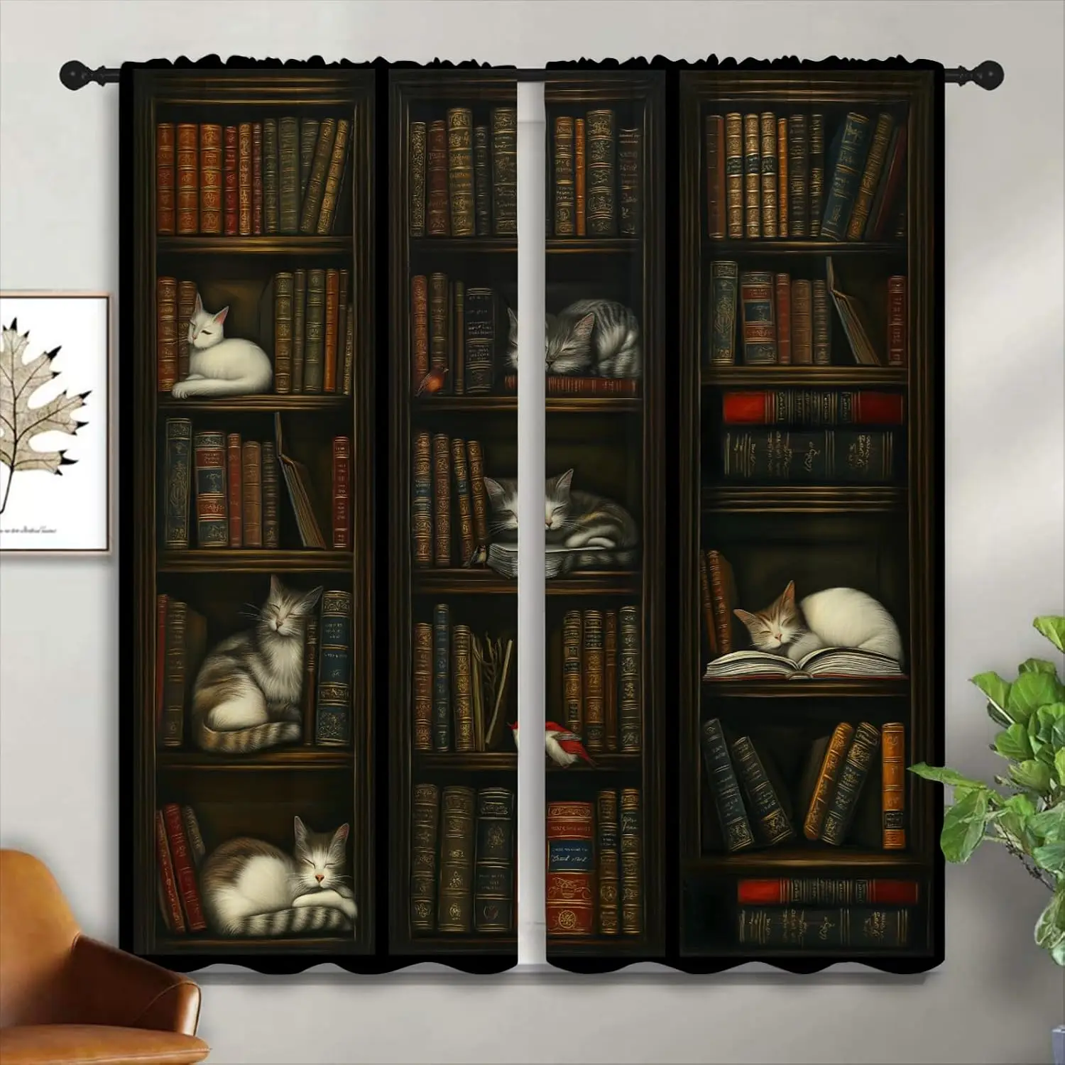 Library Sleeping Cat Window Curtains, Cute Napping Kittens Classic Vintage Book Shelf Dark Warm Tone Art Print Drapes for Study