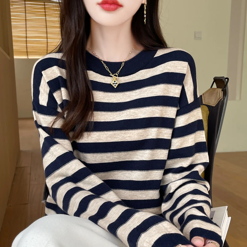 

Модный полосатый женский свитер с длинными рукавами и круглым вырезом, свободный крой, омолаживающий эффект, базовый слой, внутренняя одежда, топ для осени и зимы