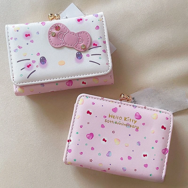 Sanrio กระเป๋าสตางค์ลาย Hello Kitty, กระเป๋า50TH ฉลองครบรอบปีกระเป๋าหนัง PU แฟชั่นลำลองกระเป๋าใส่บัตรน่ารัก kado ulang tahun