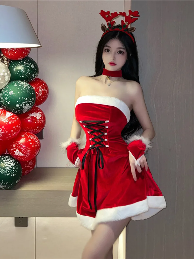 

2023 Autumn/Winter New Women's Sexy New Year Christmas Wrapped Chest backless Waist retraction A-line Solid Color Dress SMBR