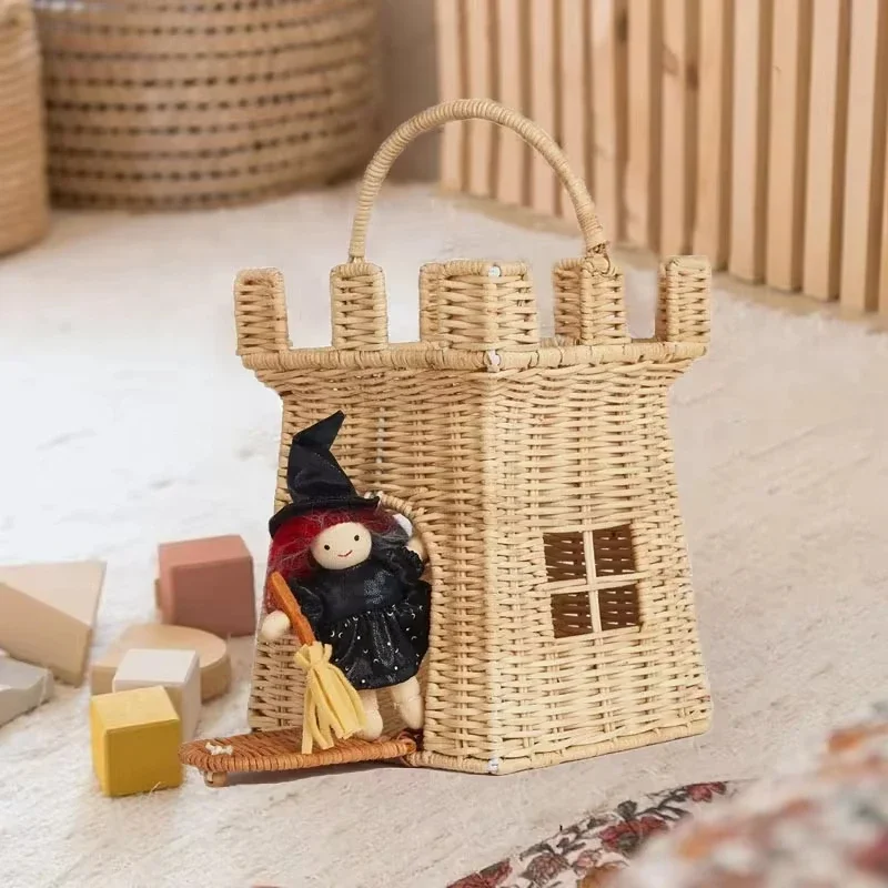 

Rattan Woven Castle Basket Hand-woven Storage Basket Cute Picnic Baskets Woven Straw Pinecone Storage Bags Kids Toy Organizer