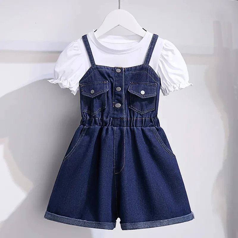 Girls Foreign Flavor Denim Overalls Shorts Summer New Children's Waist Denim Overalls Baby Fashionable Wide Leg Curled Overalls