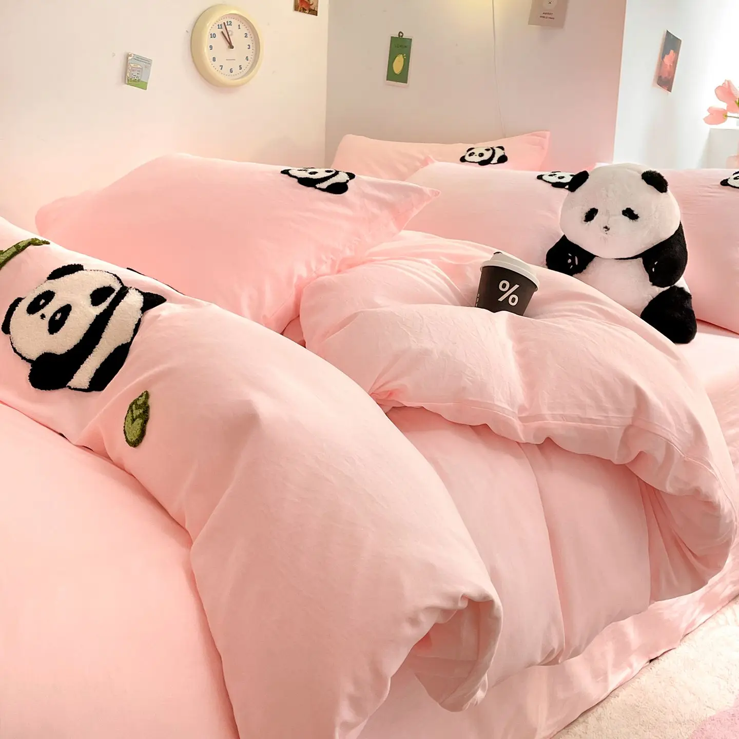 2026 New Korean Ins Pink Bedding Set, Soft Skin-friendly Cover Set Lovely Panda, Single Queen King for Bedroom Dormitory Decor