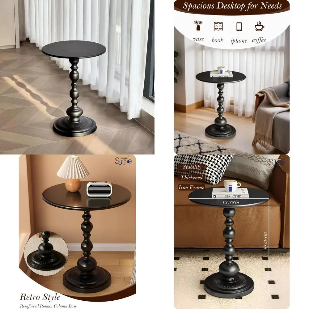 Side Table - 13.8 Round Small Accent Table with Metal Base, Multifunctional Vintage Coffee Table for Living Room, Bedroom, Offic