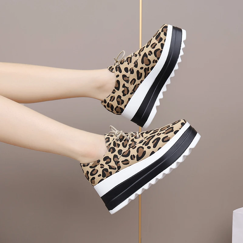 Leopard Print Platform Sneakers Women Autumn Lace-Up Chunky Bottom Vulcanized Shoes Ladies Thick Sole Pu Leather Casual Shoes