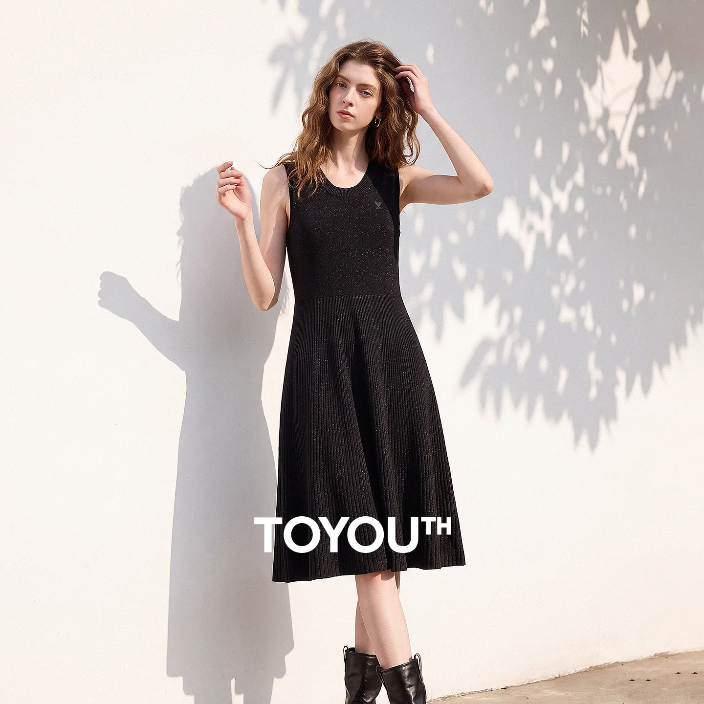 TOYOUTH Women Knit Dress 2026 Spring New Arrival Wool Blend Sleeveless Waist Cinched Slim Fit Midi A‑Line Dress