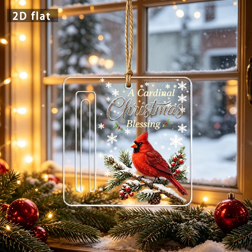 Christmas Acrylic Cash Holder Plaque, 2D Flat Cardinal Bird Hanging Ornament for Xmas Tree Holiday Gift Decor