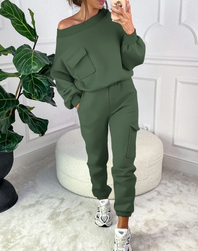 Two Piece Set Women Outfit Autumn Fashion Round Neck Pocket Design Long Sleeve Sweatshirt & Casual Plain Cuffed Sweatpants Set