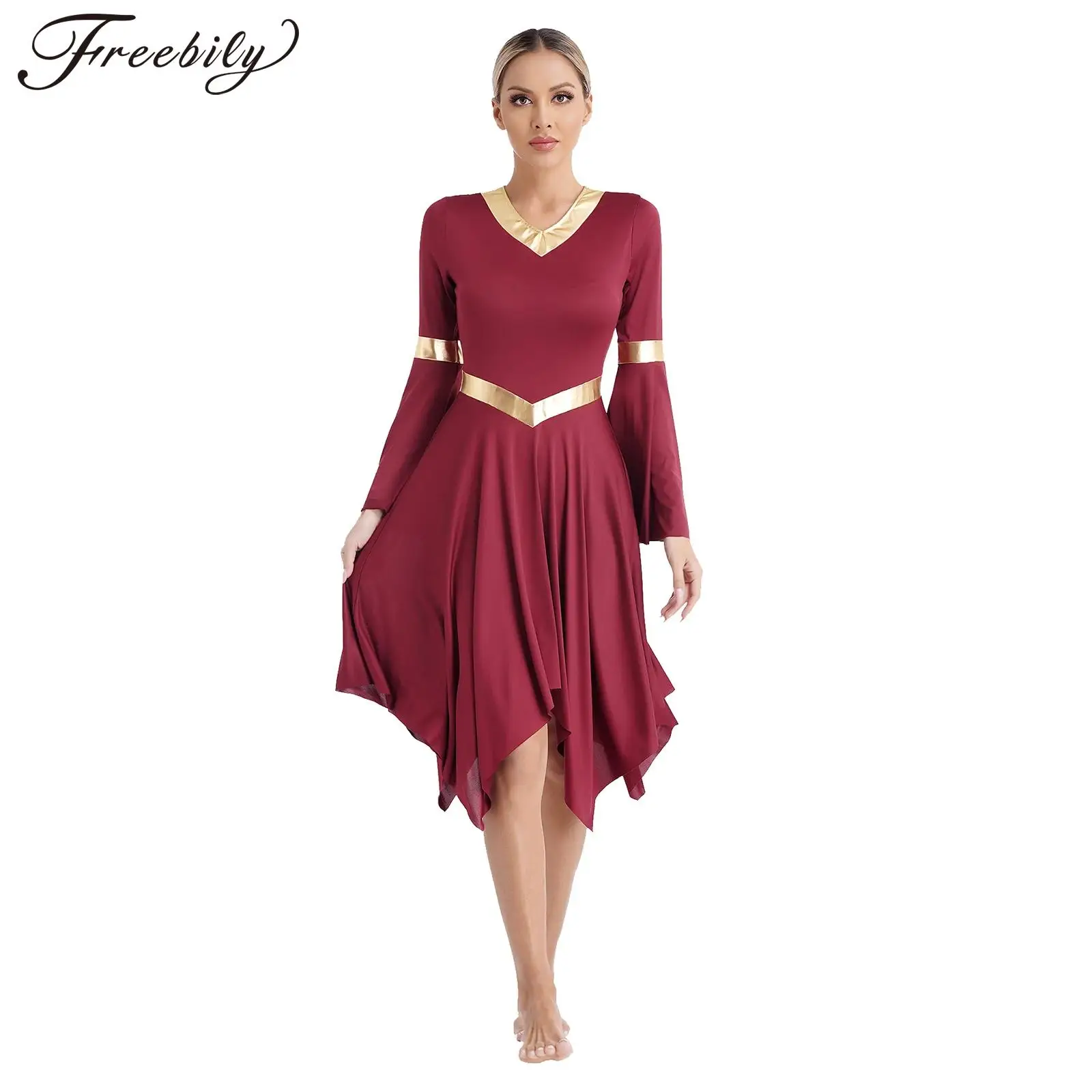 Frauen Lob liturgische Kleid Metallic Kontrast farbe V-Ausschnitt Flare Ärmel asymmetrische Saum Kleider Kirche Anbetung Tanz kleidung