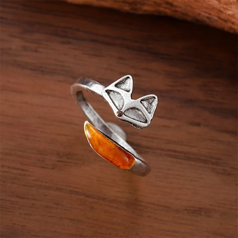 Niedlicher offener verstellbarer Fuchs-Ring, versilbert, Tiermotiv, Geschenk für Frauen, beste Freunde, Geburtstag, Weihnachten, Vintage-Schmuck – Detail 2