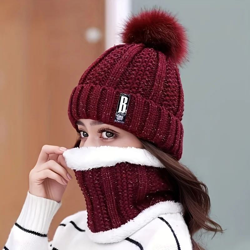 Women\'s Scarf Hat Winter Cycling Padded Warm Knitted Wool Hat Thickened Windproof Scarf Hat Warm and Cold Knitted Hat