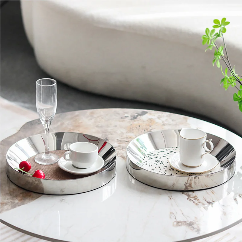 

Metal Leather Circular Decorative Tray, Stainless Steel Storage Tray, Restaurant Coffee Table, Tea Tray, Kitchen Storage Box