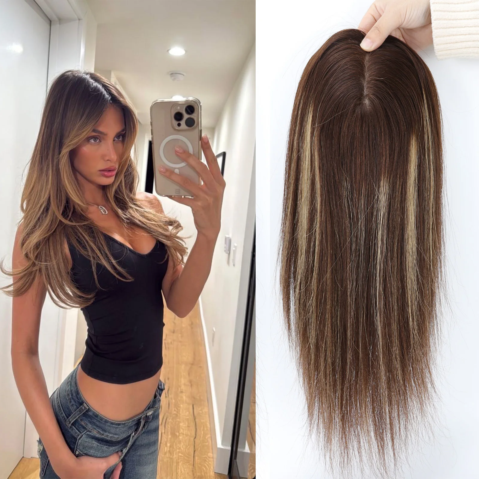 

Девственный европейский топпер из шелковой основы из человеческих волос Highlight 4/27, топ из шелковой кожи, натуральный вид кожи головы с ПУ вокруг женщин