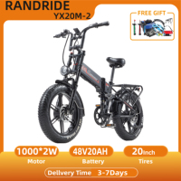 RANDRIDE YX20M-2 Electric Bike 1000W Motor 20*4.0 Fat Tires E-Bike 45km/h Max Speed 48V17Ah Battery 60-70km Max Range 120kgLoad