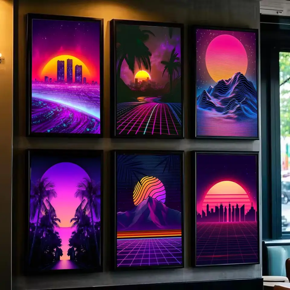 Neon Retrowave Synthwave Poster Poster Waterproof HD Wall Art Decal Self-Adhesive Aesthetic Decor For Home Living