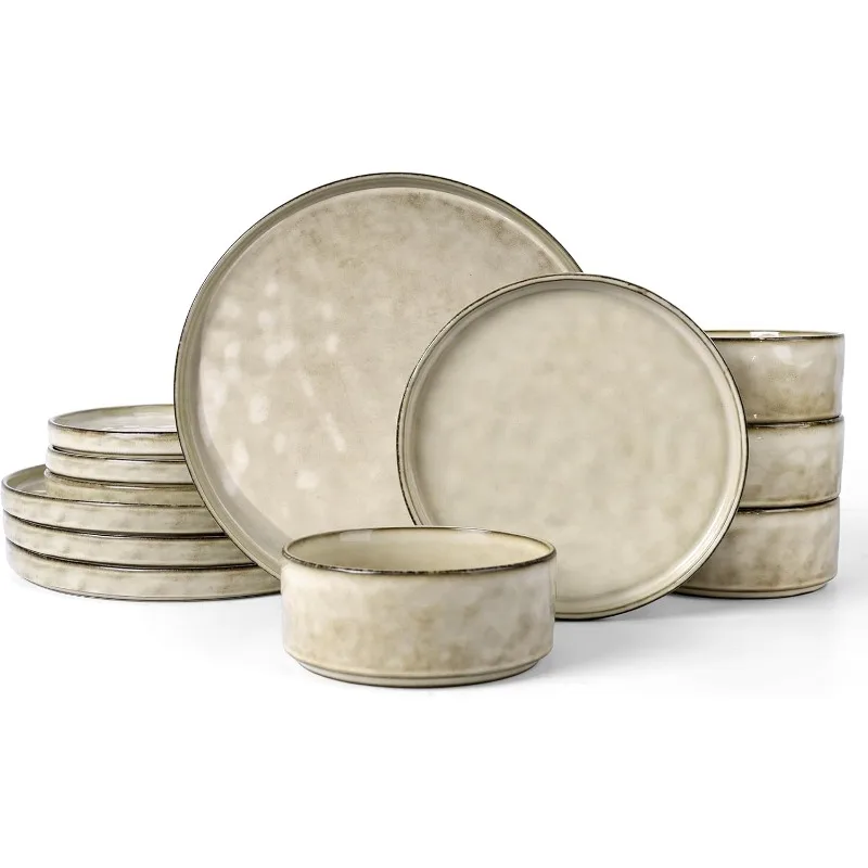 

Dinnerware Set for 4, 12 Piece Plates and Bowls Ceramic Dish Set, Includes Dinner Salad Plates, Cereal Bowls, Microwave