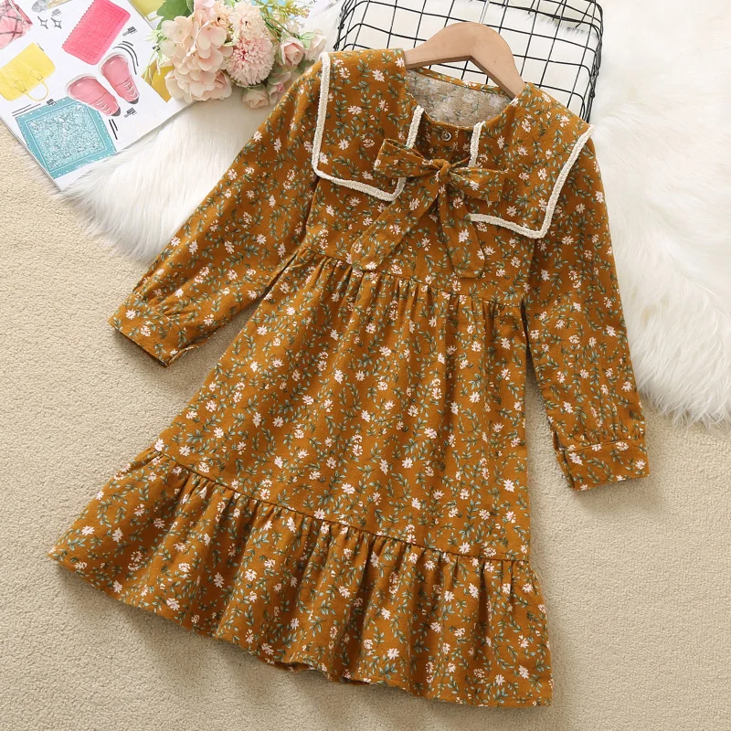 Autumn Spring Baby Girls Dresses Long Sleeve Chiffon Floral Print Dresses Cute Family Holiday Beach Clothes 4 6 8 9 10 12 Years