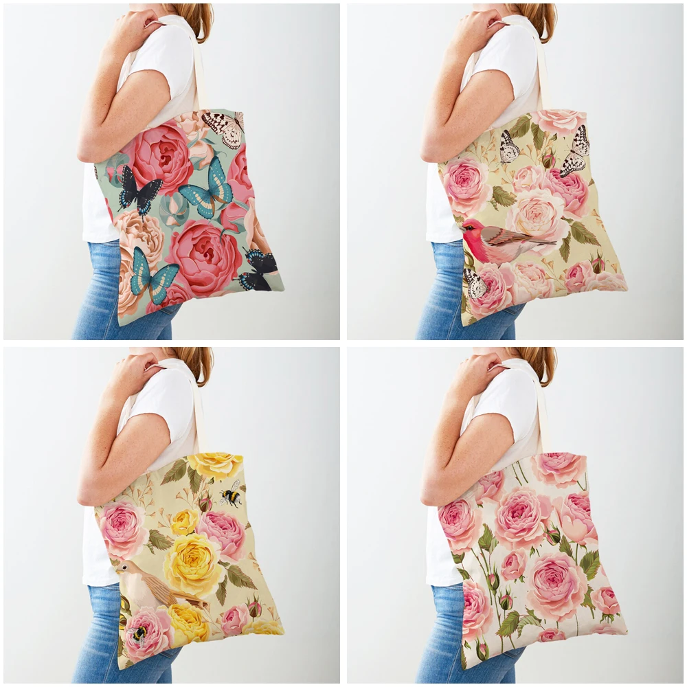 Bolsa de compras feminina de ambos os lados, desenho animado, rosa, floral, pássaro, bolsa reutilizável, planta, flor, estampa, casual, sacola de compras de lona