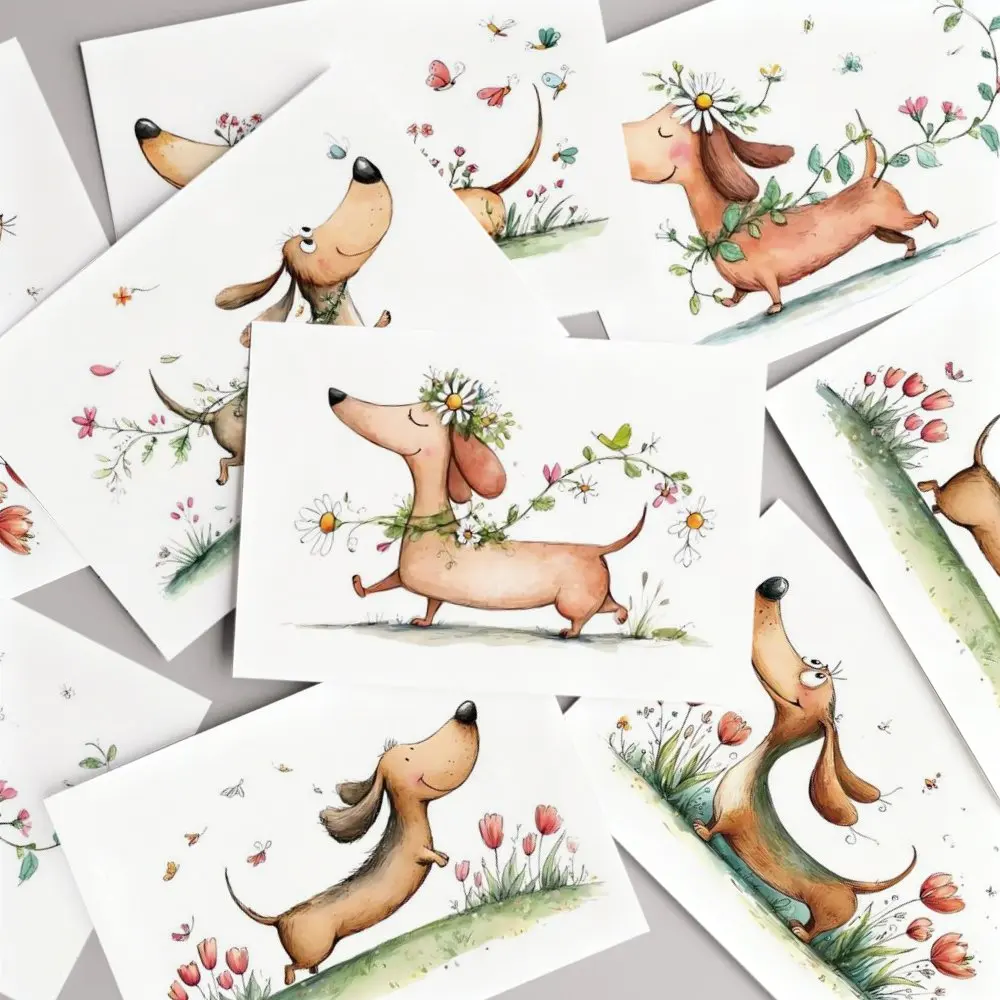 24 Fun Greeting Cards Featuring Watercolor Floral Designs With Dachshunds, For Birthdays, Weddings, Humorous Card Collection