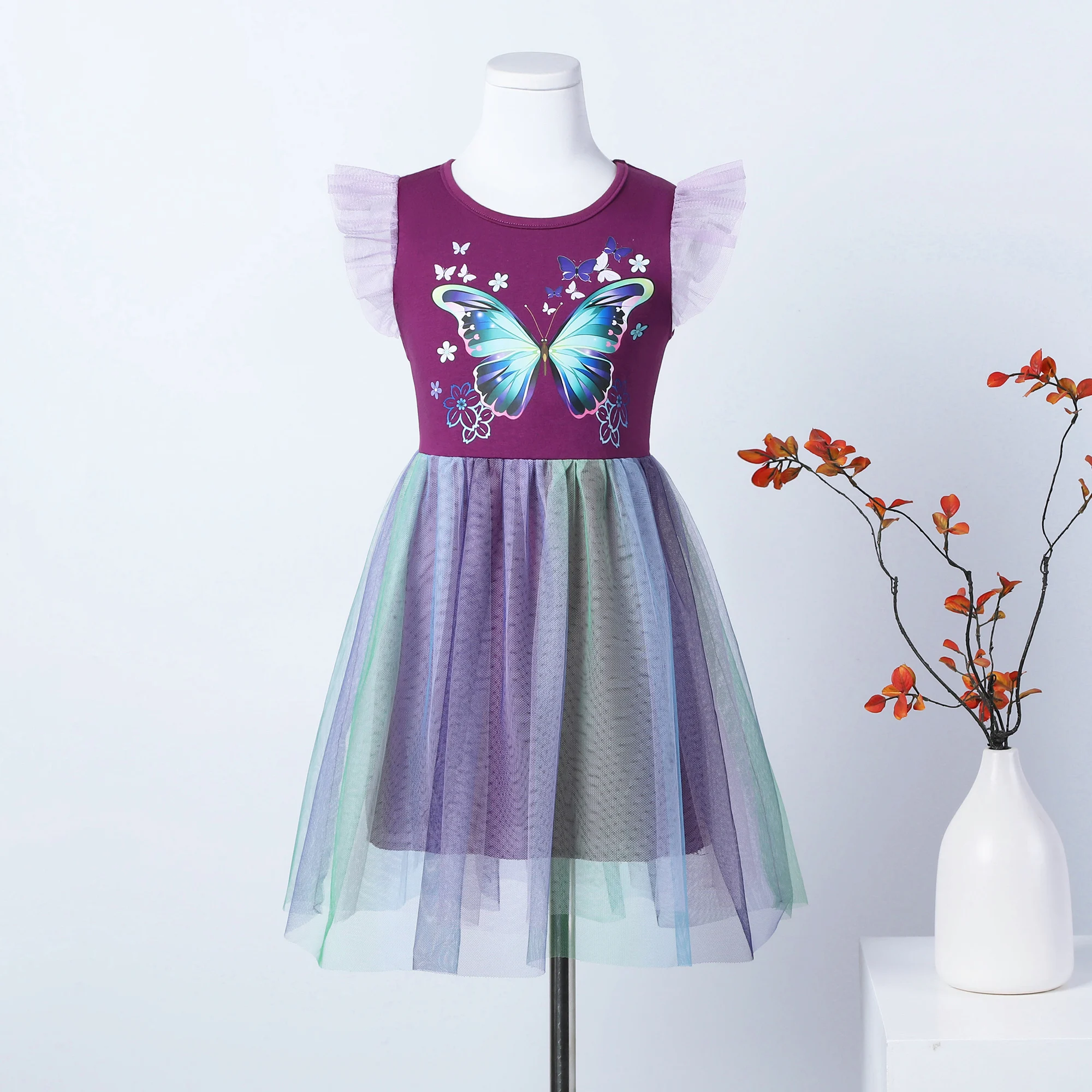 Colorful Butterfly Print Girls Dress with Mesh Panel Gradient Casual Summer Clothes Small Flying Sleeve Daily Wear SH1772