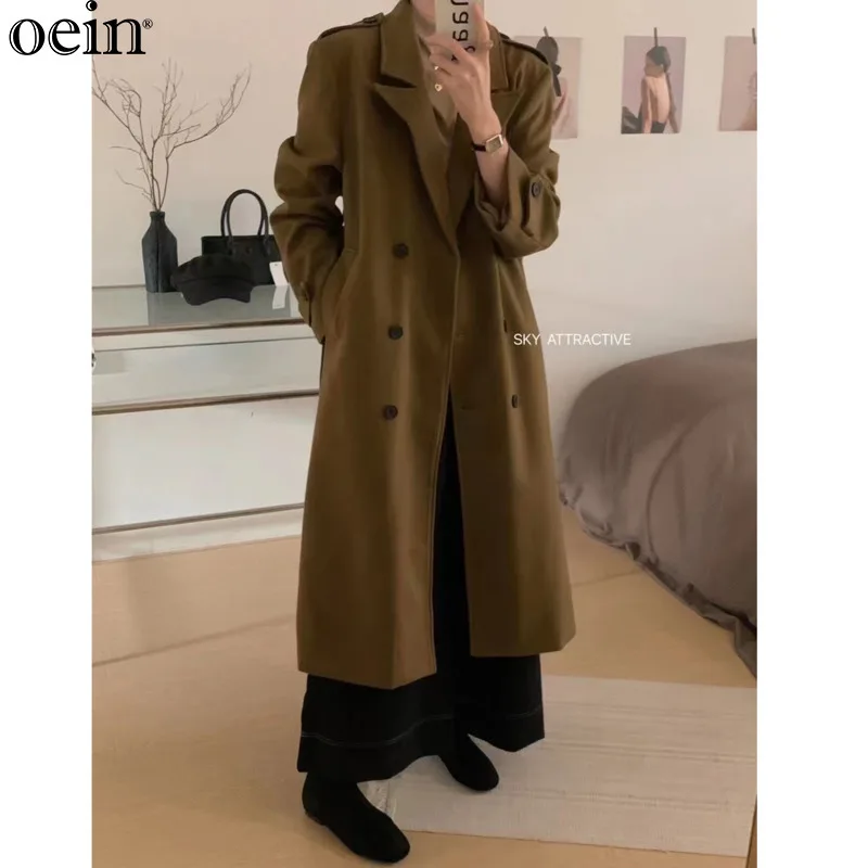 [oein] Collar Solid Color Double Breasted Lace Up Long Sleeved Cotton Jacket Cardigan Woolen Windbreaker Coat