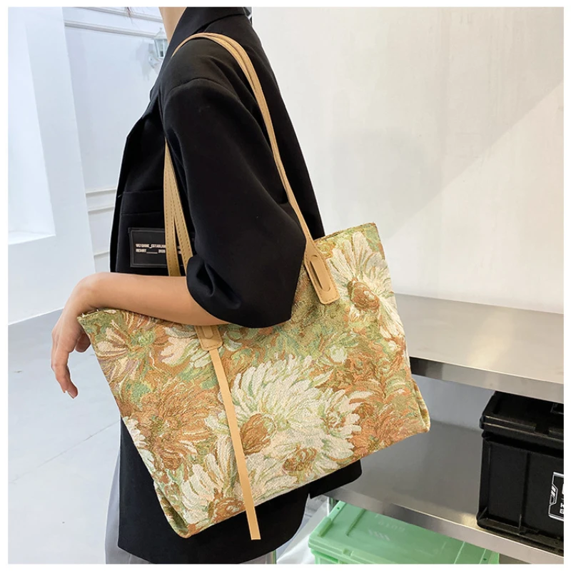 

1pcs new fashion trend one-shoulder women's bag literary oil painting graffiti tote bag casual commuter large capacity handbag