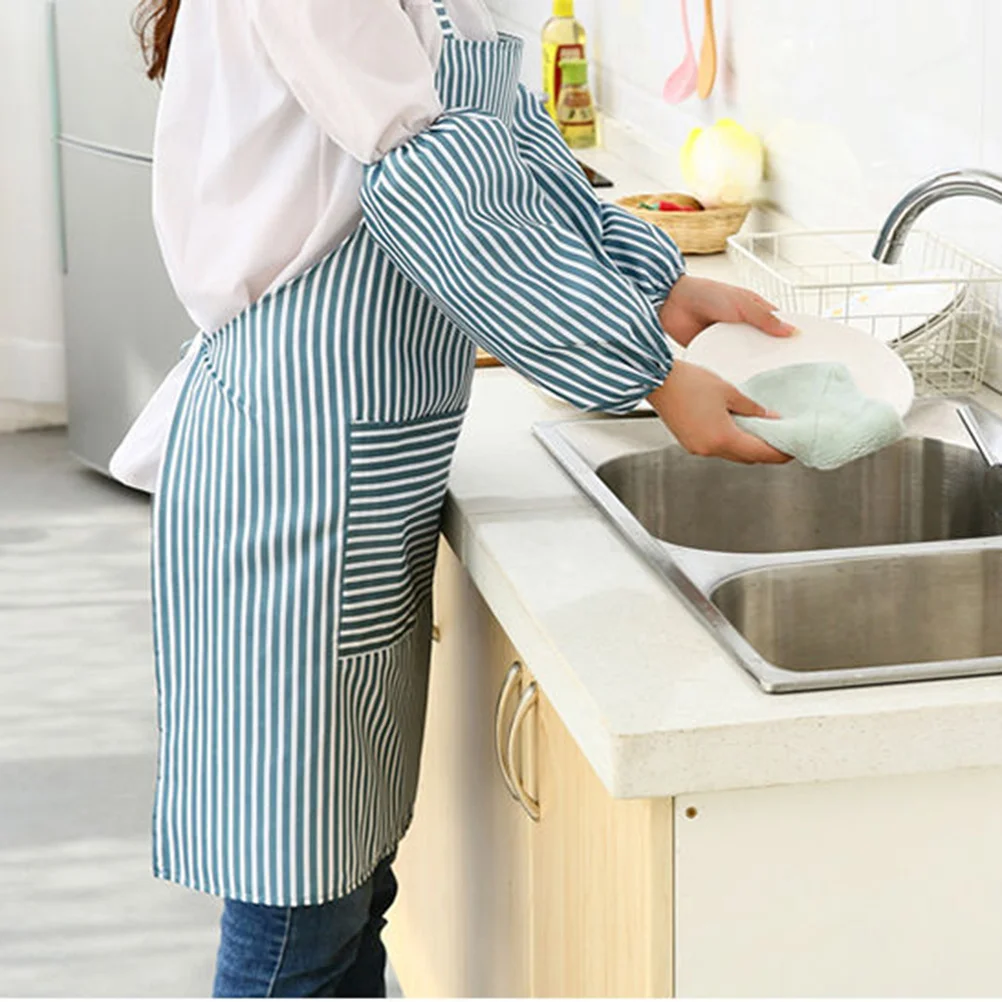 

Waterproof Oil Resistant Striped Apron For Cooking Baking Grilling Cotton Linen Sleeveless Adult Apron Pocket Blue Home