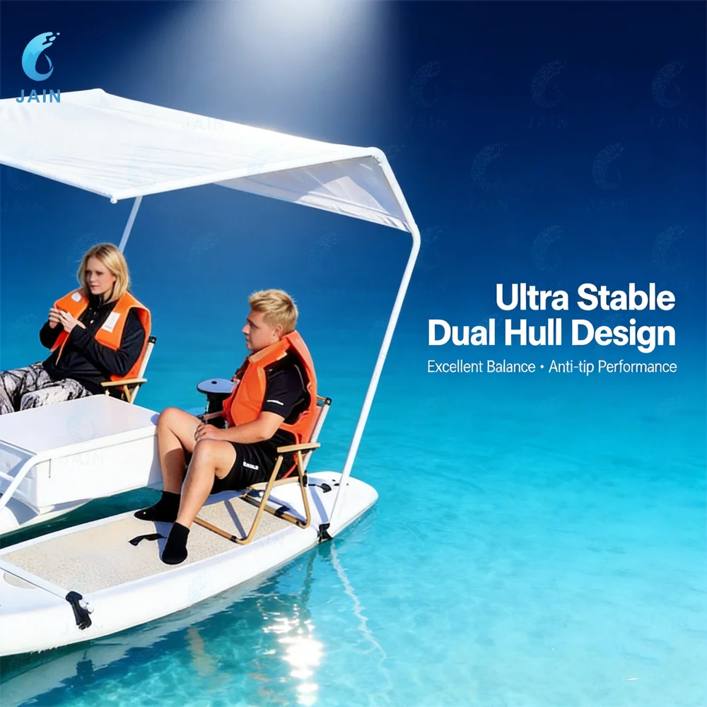Inflatable Twin Hull Water Boat with Sunshade Canopy, 2 Seats Floating Catamaran Paddle Board Platform, Stable Water Sports Fish