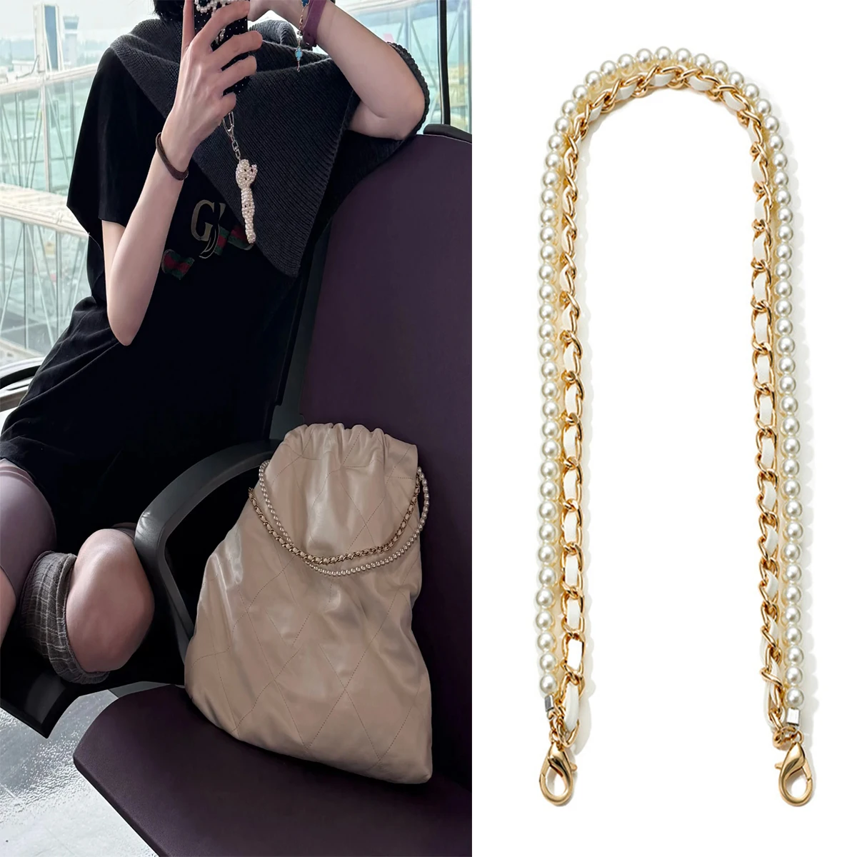 HOLIN Pearl Purse Double Extender Chain Bag Charms Imitation Pearl Short Handle Replacement Bag Chain Strap for Handbags 59cm