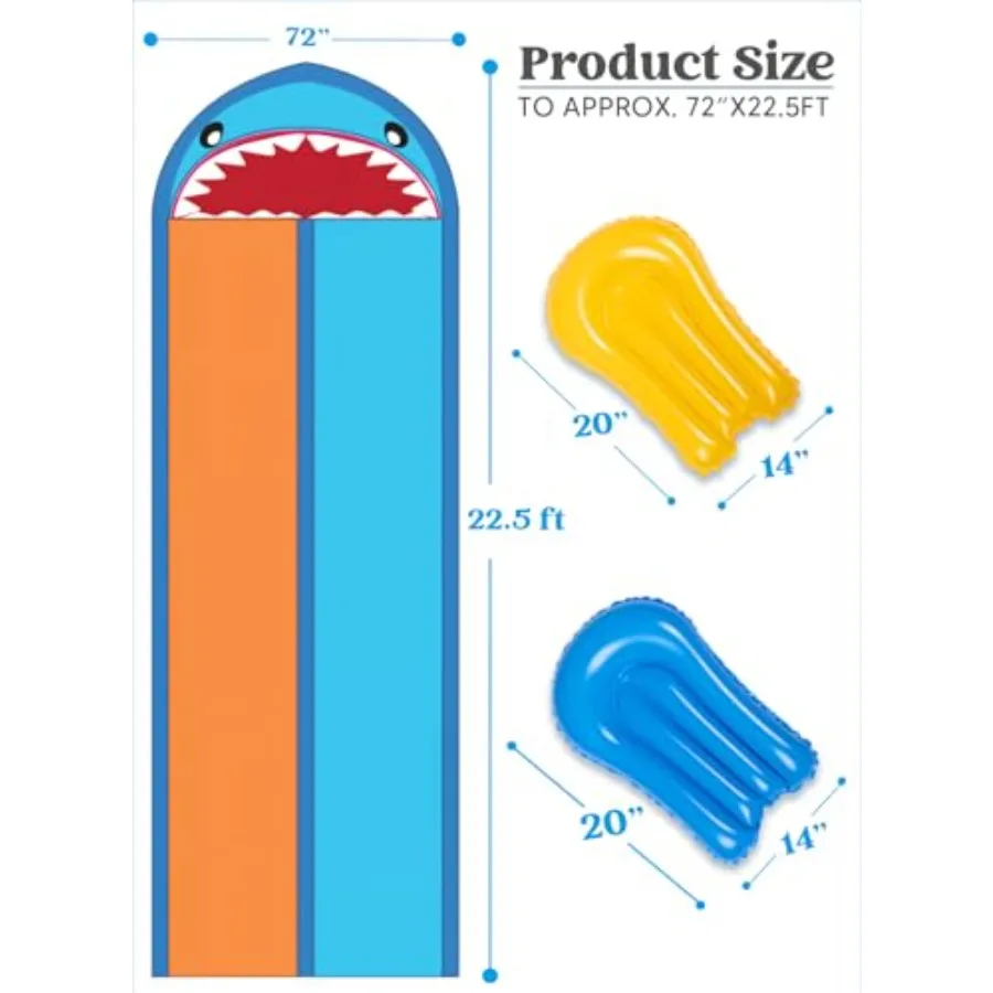 Sloosh Shark Double toboggan aquatique 22,5 pieds glissement et toboggan pour pelouse robuste avec arroseur et 2 planches gonflables antidérapantes pour Par